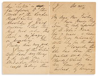 (MEDICINE.) NIGHTINGALE, FLORENCE. Autograph Letter Signed, to My dear Mrs. Fowler [wife of Dr. Richard Fowler?],